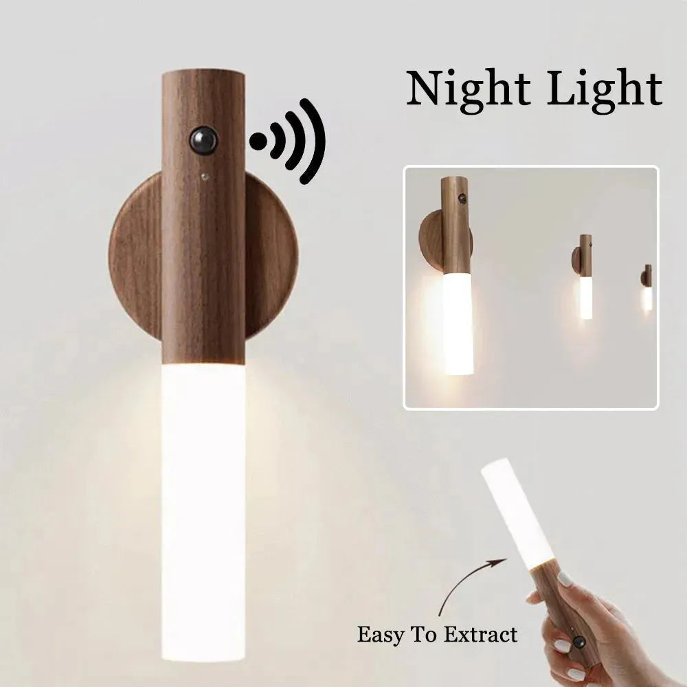 Auto LED USB Magnetic Wood Wireless Night Light Corridors Porch Lights PIR Motion Sensor Wall Light Cabinet Lamp - EX-STOCK CANADA