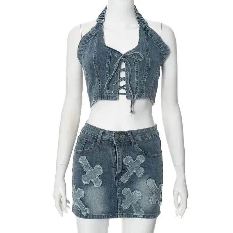 Chic Denim 2 piece Denim Skirt set Jean 2 piece set for Women Sleeveless crop top and Skirt - EX-STOCK Canada