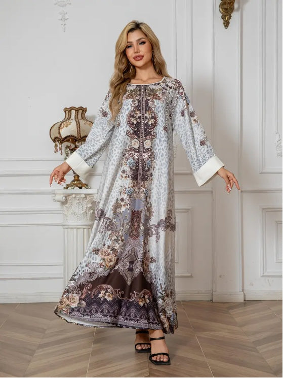 Robe Abaya à Manches Longues avec Imprimé Floral Élégant - EX-STOCK Canada