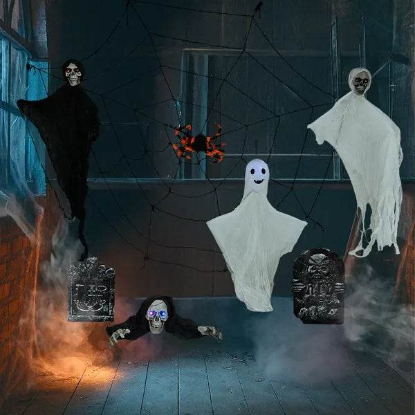 Outdoor Halloween Decorations 8-Piece Set, Hanging Ghosts Decor And Cobweb And Gravestone With Lighted Up Eyes, Scary Swinging Ghost Flying For Yard Patio Lawn Garden - EX-STOCK Canada
