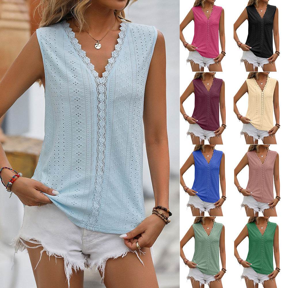Summer Sleeveless Lace Blouse Tops Women V-neck top - EX-STOCK Canada