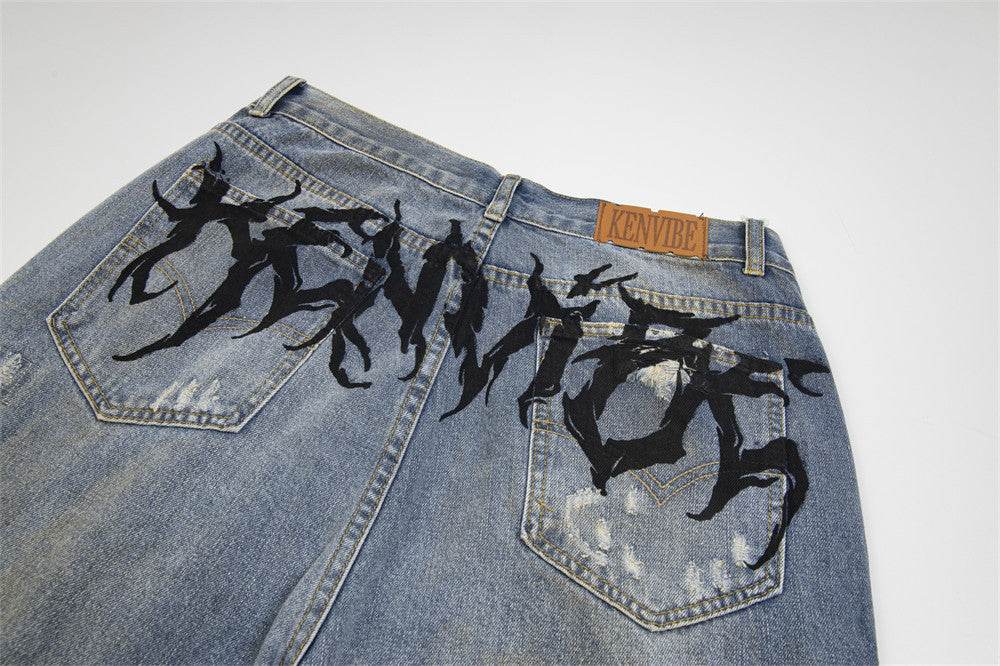 Punk Make Old Ripped Letter Denim Trousers Men Jeans - EX-STOCK Canada