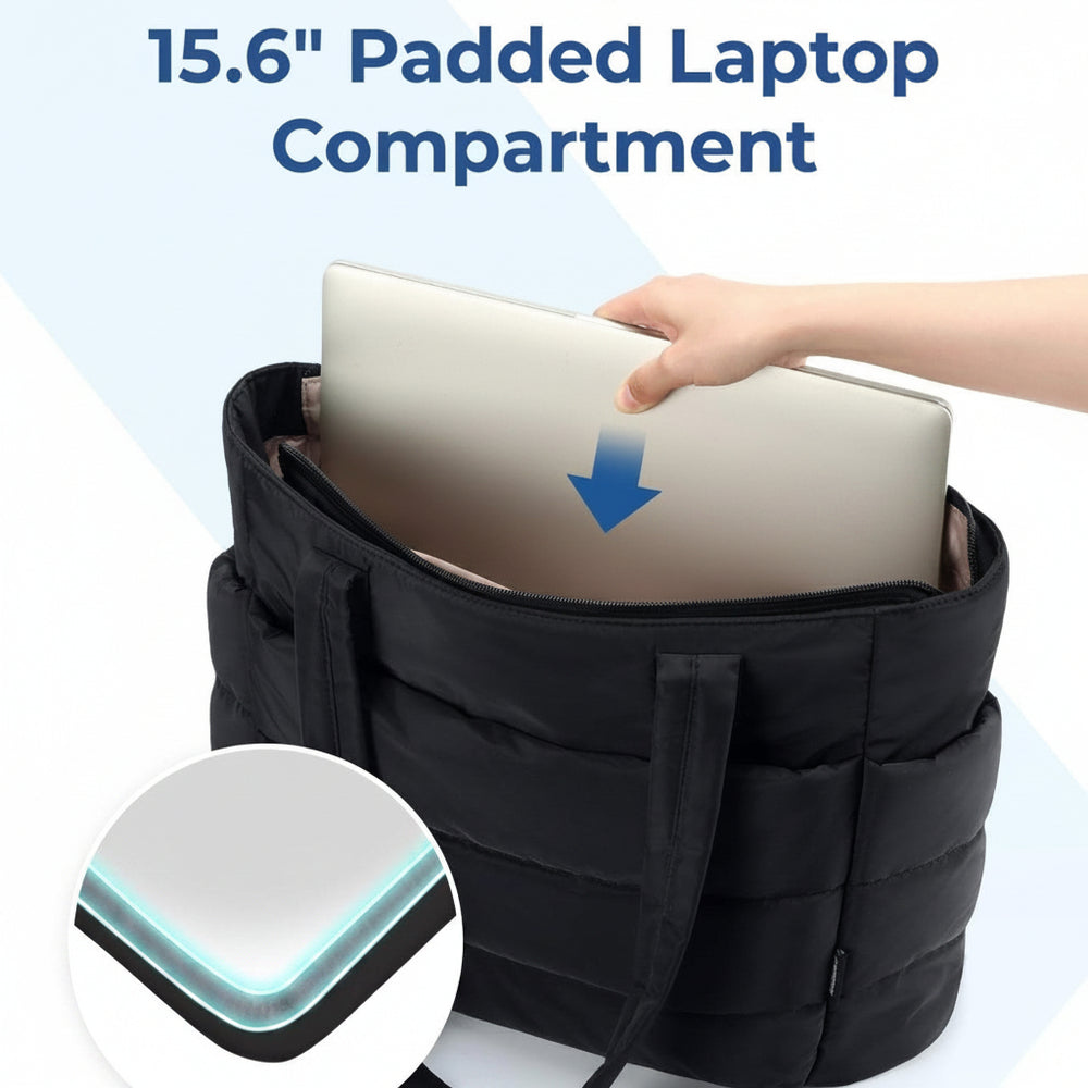 Black backpack with a 15.6" padded laptop compartment, showing a hand placing a laptop inside.