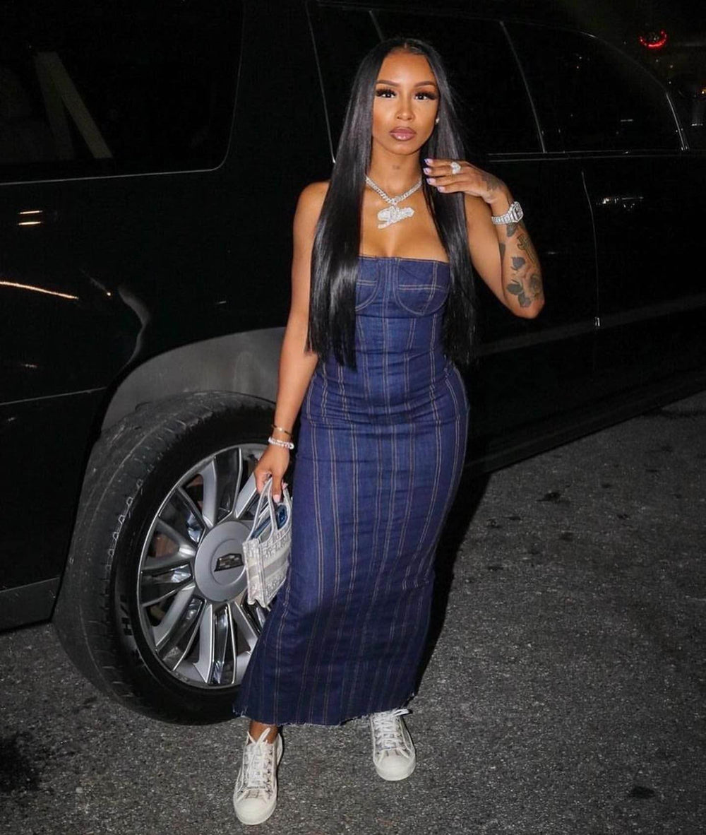 Fashion Strapless Tube Top Denim Long Fitted Jeans Dress - EX-STOCK Canada