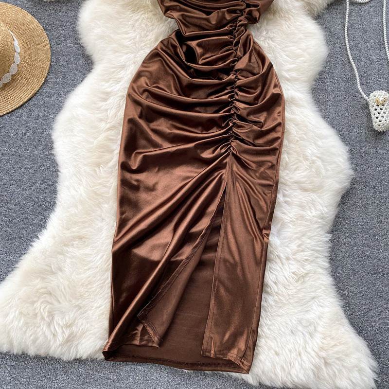 Elegant Women Sleeveless One shoulder Drawstring Satin Dress for Party, Wedding, Cocktail - EX-STOCK Canada