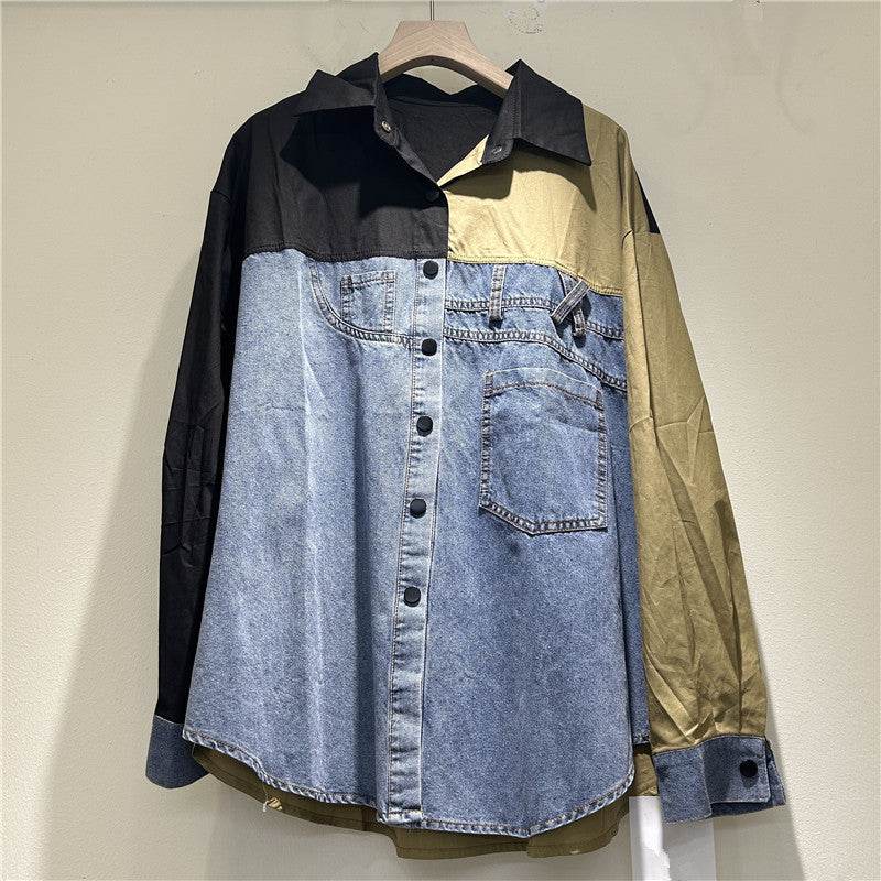 High-grade Contrast Color Patchwork Cotton Denim Long Sleeve Loose Shirt Women - EX-STOCK Canada