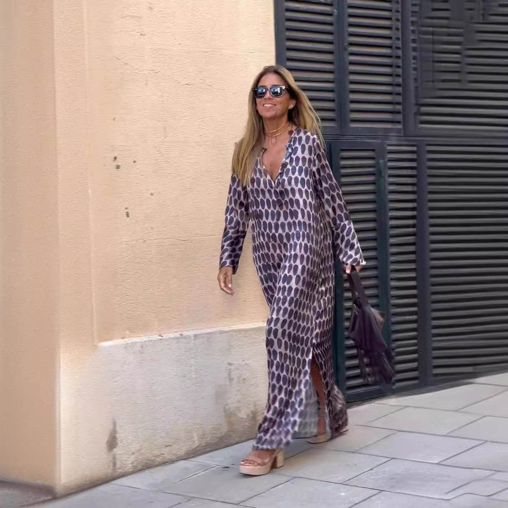 Summer Geometric Printed V-neck Long Dress Fashion Long Sleeve Slit Dresses For Women - EX-STOCK Canada