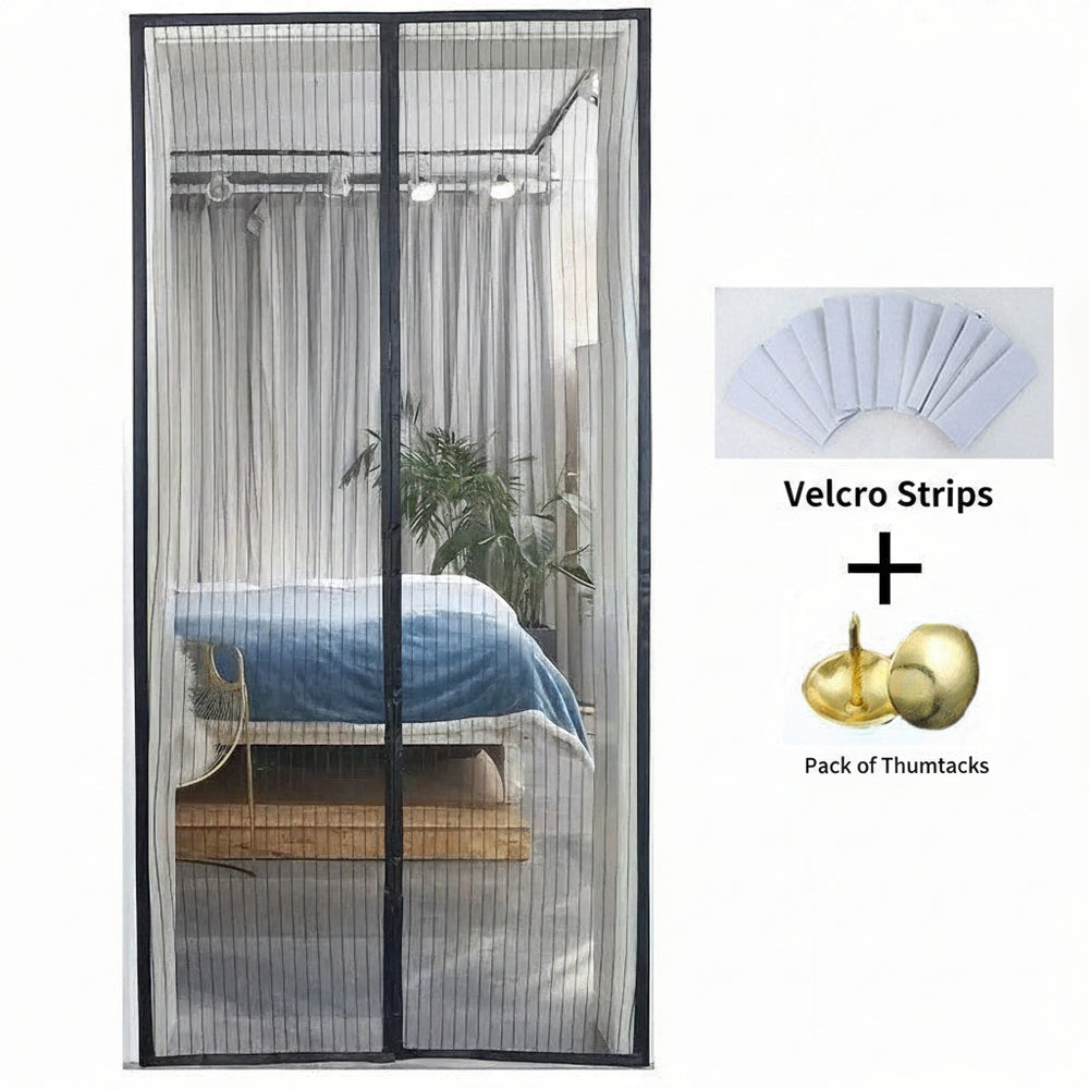 Magnetic screen door with hardware components on a white background