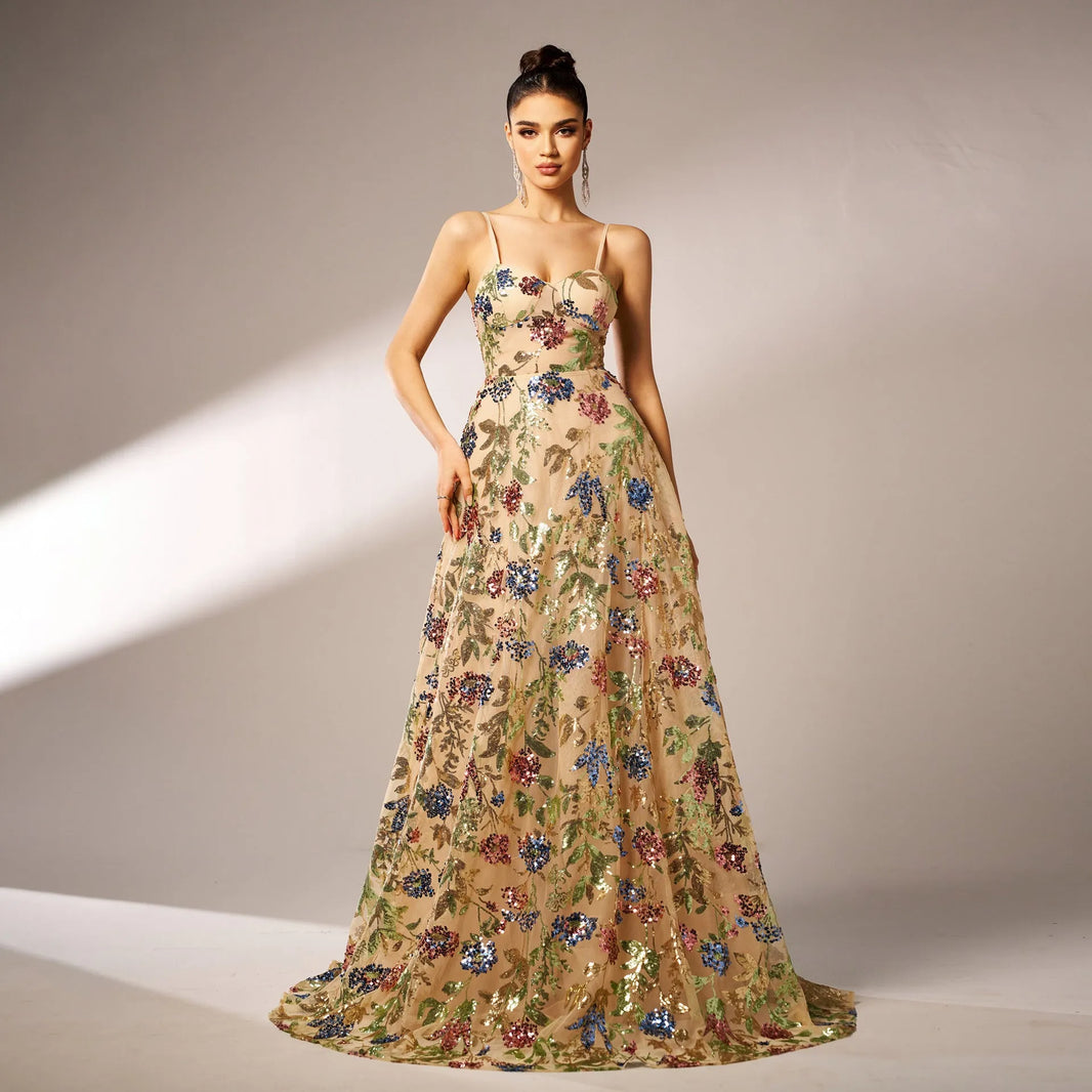 Elegant Sleeveless Sequined Suspender Maxi Evening Dress - EX-STOCK CANADA