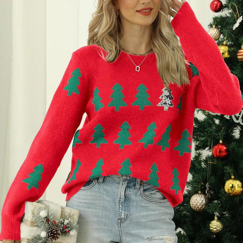 Women's Jacquard Christmas Tree Long Sleeve Red Christmas Sweater EX-STOCK Canada