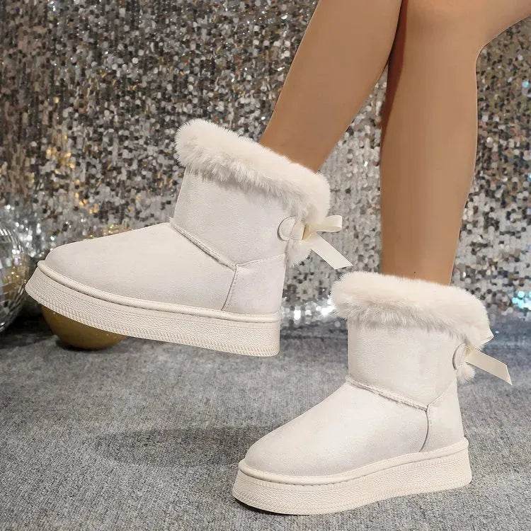 Winter Snow Boots With Bowknot Fashion Round Toe Flat Thickened Suede Cotton Shoes For Women Casual Warm Plush Short Boot - EX-STOCK Canada