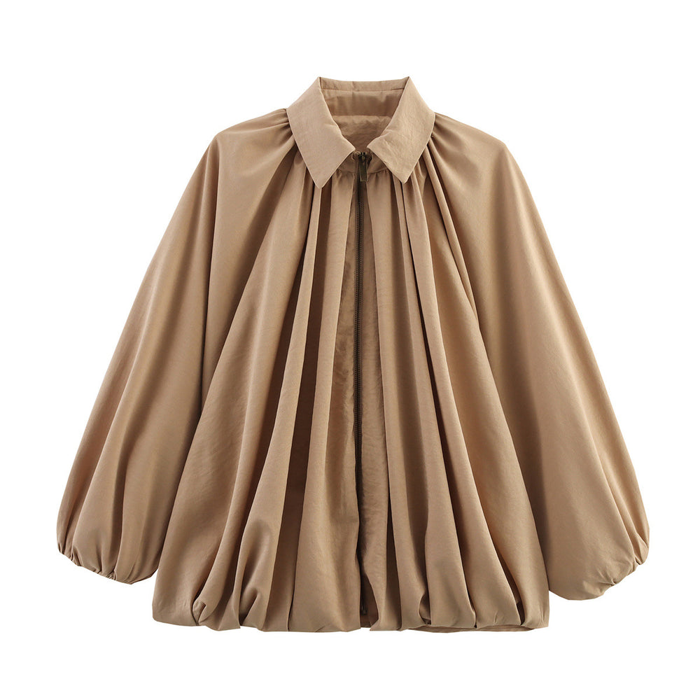 Women's Loose Pleated Zip-Front Jacket – Balloon Sleeves, 6 Colours | Sizes XS–XL