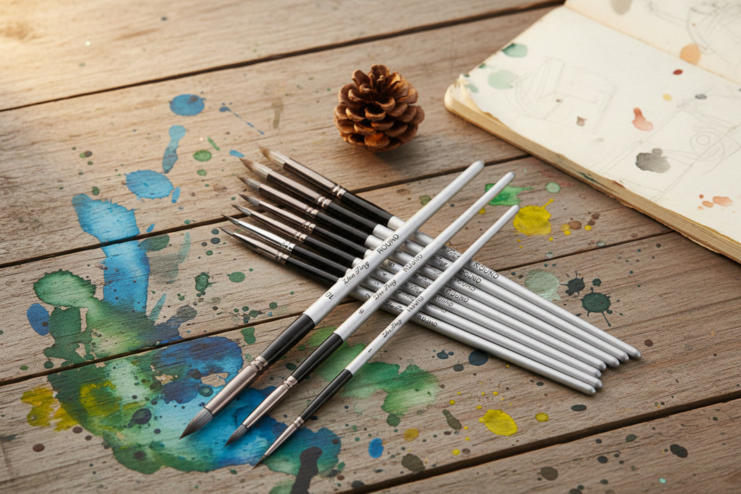 Set of paintbrushes with 'Manly' branding on a white background with a pine cone.