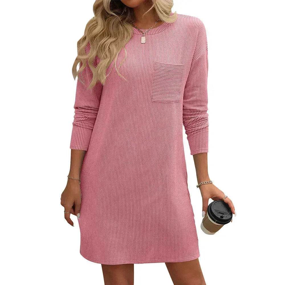 Casual New Solid Color Striped With Pockets Long Sleeve Loose Mini Dress Fashion Round Neck Straight Dress Women's Clothing - EX-STOCK Canada