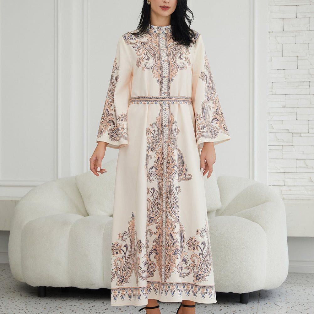 Stand Collar Printing Long Retro Muslim Dress - EX-STOCK Canada