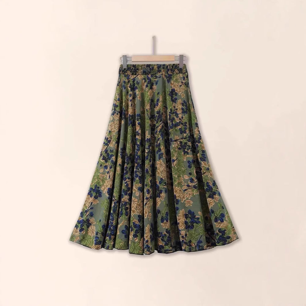 Women's Pleated Floral Midi Skirt – Ice Silk A-Line Swing Skirt | 14 Colours