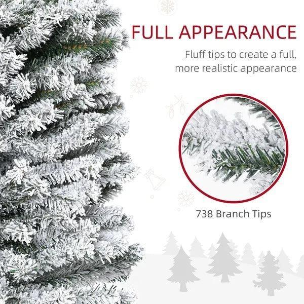 7.5ft Flocked Christmas Tree, Pencil Christmas Tree With Realistic Branch Tips, Folding Metal Stand, Green EX-STOCK Canada