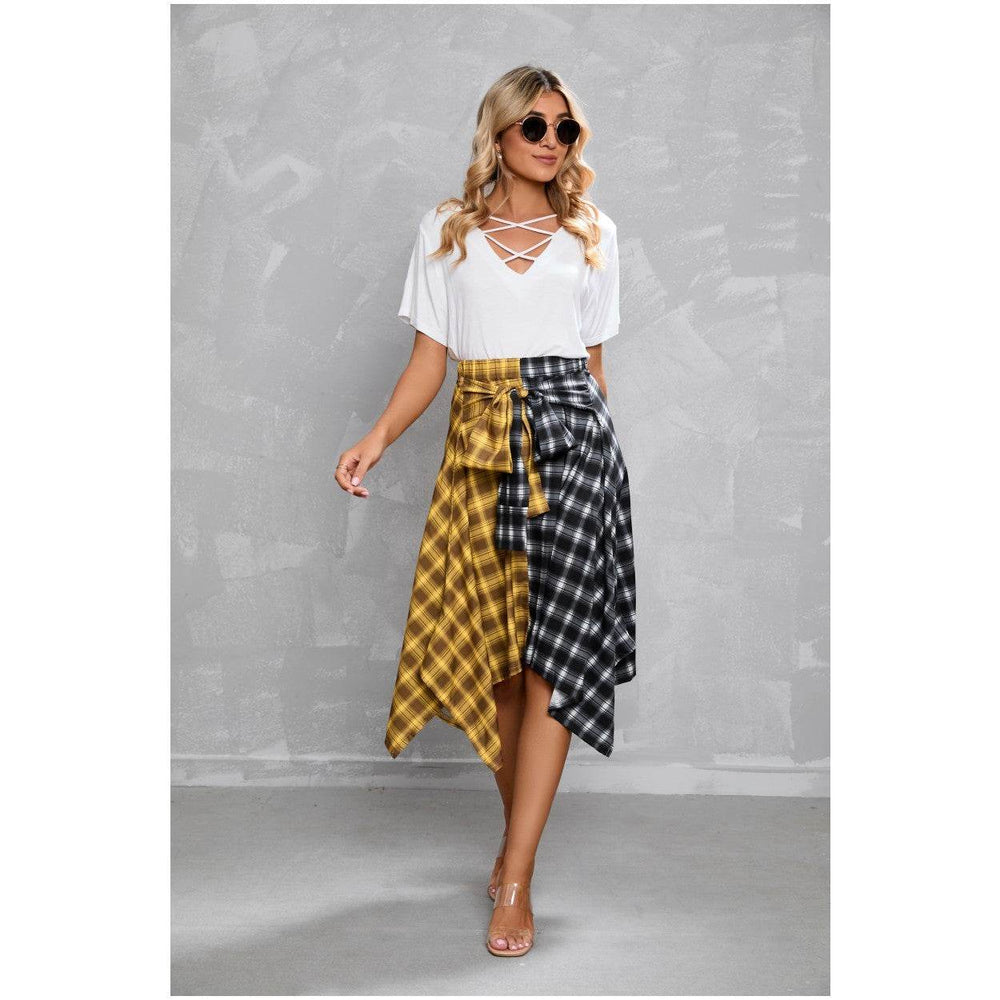 Elegant Irregular Lace-Up Check Midi Skirt street wear fashion Women's Plaid Skirts High Waisted Knot Front Asymmetrical Hem Mini Skater Skirt - EX-STOCK Canada