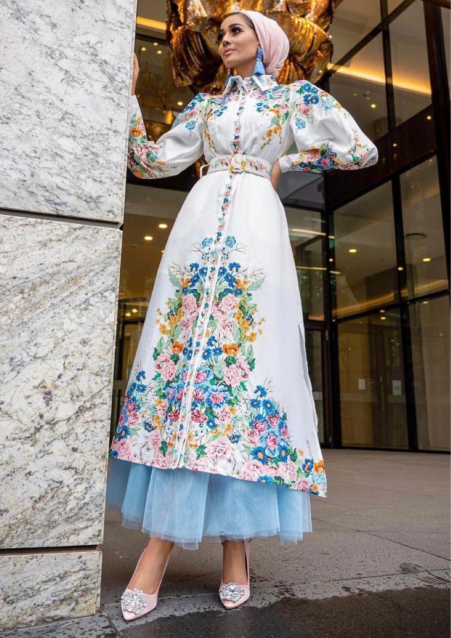 Fashion Puff Sleeves Lapel Robe Arabic Women's Digital Printed Mid Waist Long Dress - EX-STOCK Canada