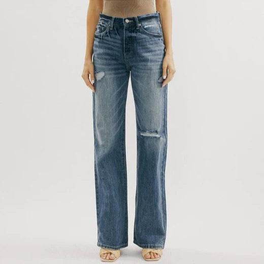 Blue Jeans Pant women Mid waist Denim Wide Leg Denim Pant - EX-STOCK Canada