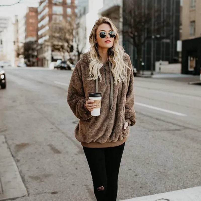 Women's Polerones Fleece Hoodie Pullover fall Winter Zipper Pocket Sweatshirt - EX-STOCK Canada