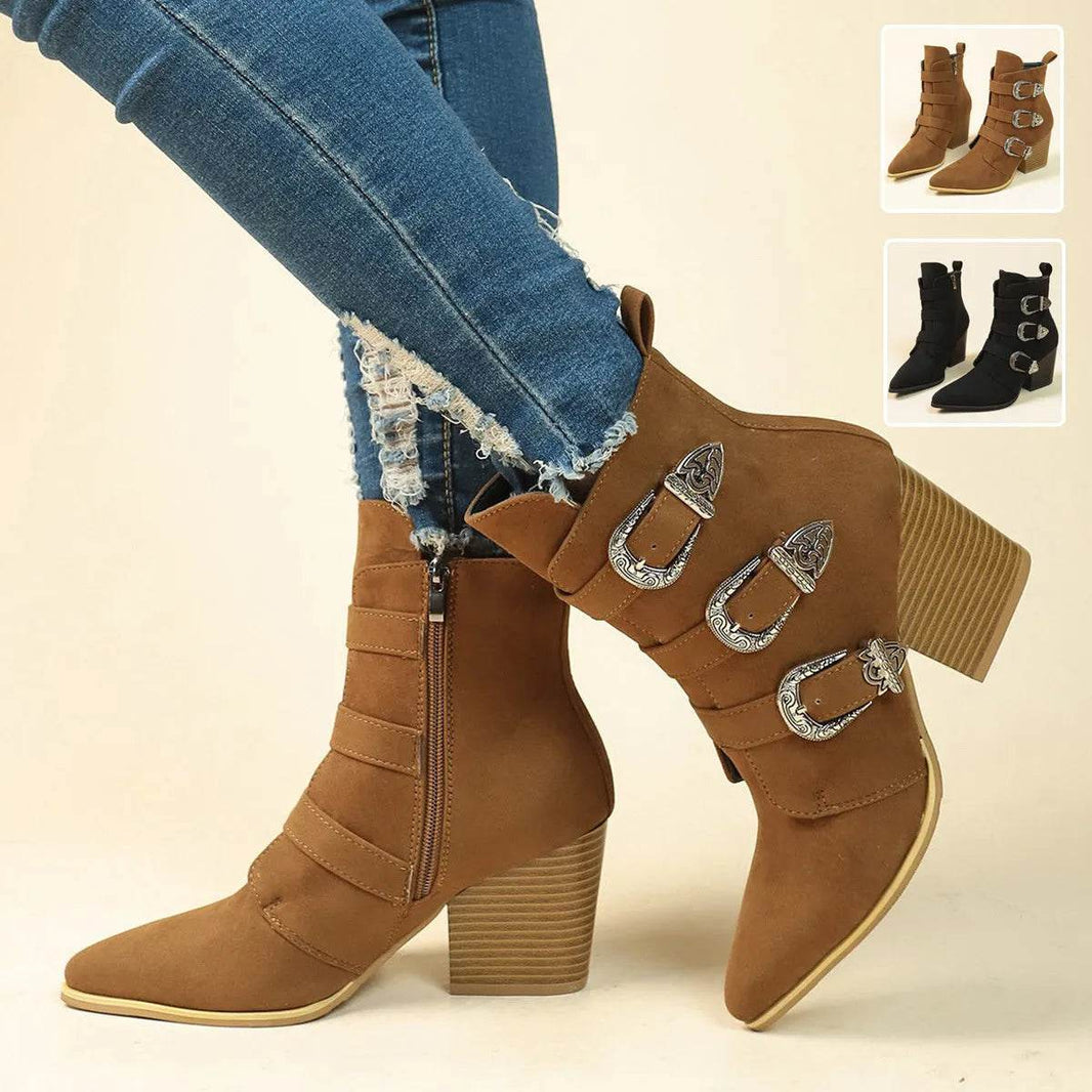 Chunky Heel Pointed Toe Boots With Belt Buckle Design Retro Mid-calf Boot Fashion Fall Winter Shoes For Women - EX-STOCK Canada