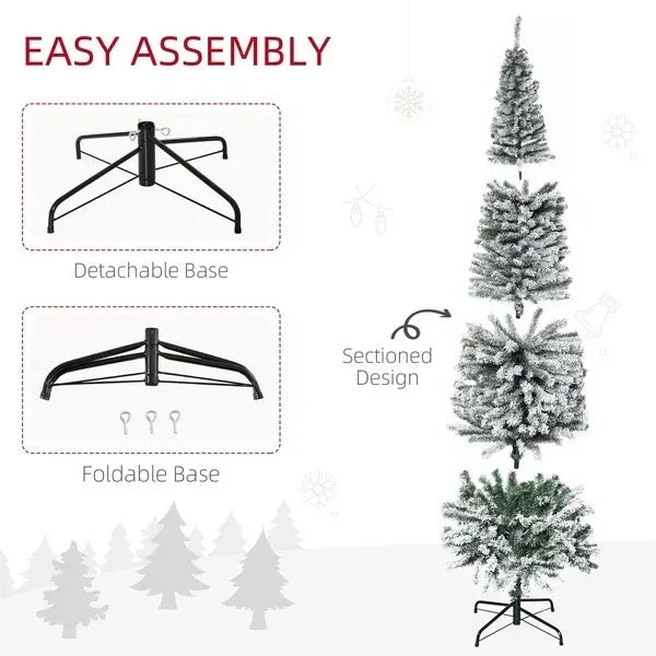 7.5ft Flocked Christmas Tree, Pencil Christmas Tree With Realistic Branch Tips, Folding Metal Stand, Green EX-STOCK Canada