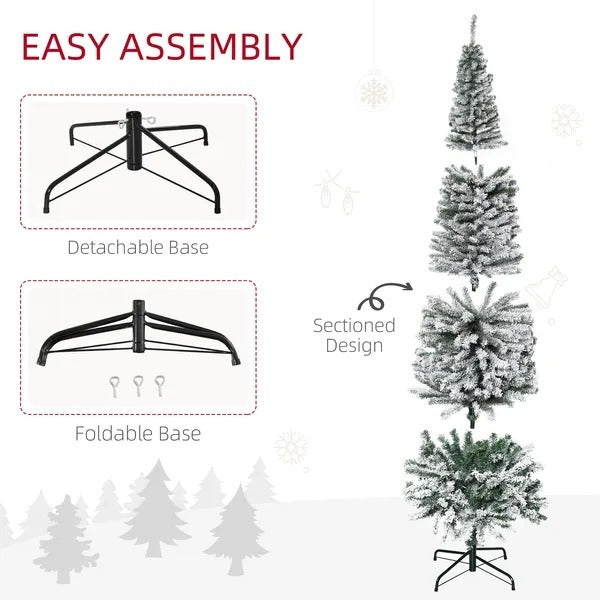 7.5ft Flocked Christmas Tree, Pencil Christmas Tree With Realistic Branch Tips, Folding Metal Stand, Green EX-STOCK Canada