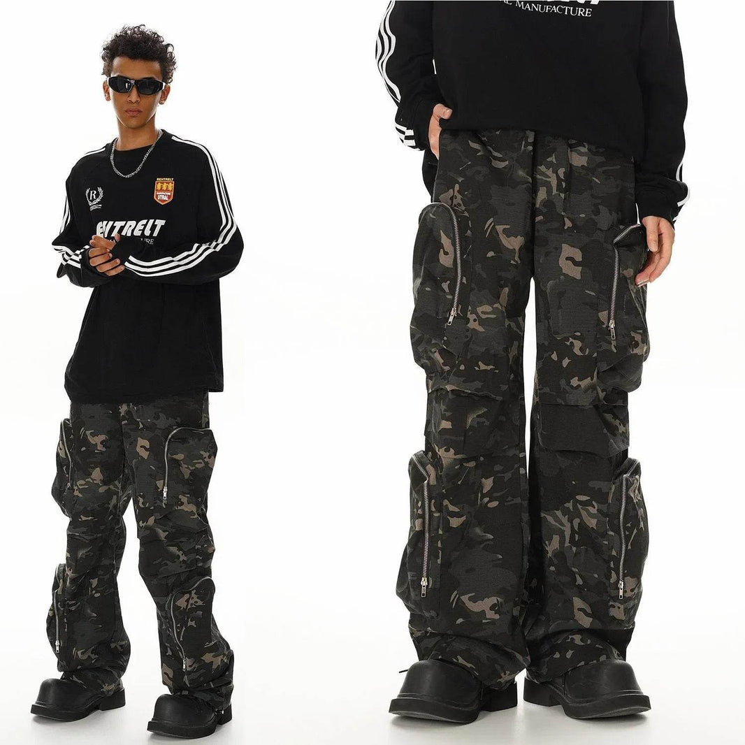New American Jungle Camouflage Amekaji Multi-pocket Design Casual Wide-leg Workwear Cargo Trousers Pant - EX-STOCK Canada