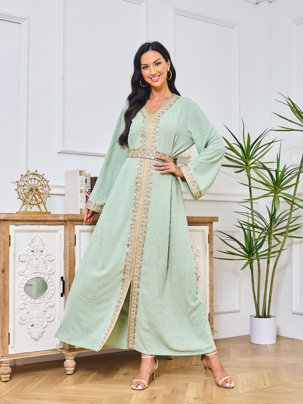 Robe Abaya de Dubaï avec pierres chaudes imprimées et détails brodés - EX-STOCK Canada