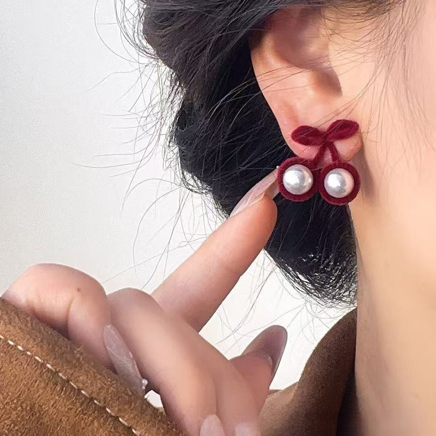 Autumn Winter Red Flocking Cherry Sweet Temperament Earrings | EX-STOCK product gallery photo 3