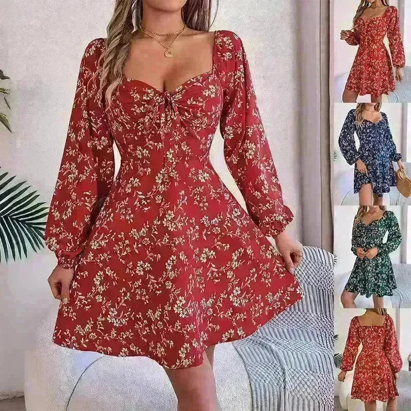 Casual Summer Floral Mini Dress Lantern Sleeve Skater Dress - EX-STOCK CANADA