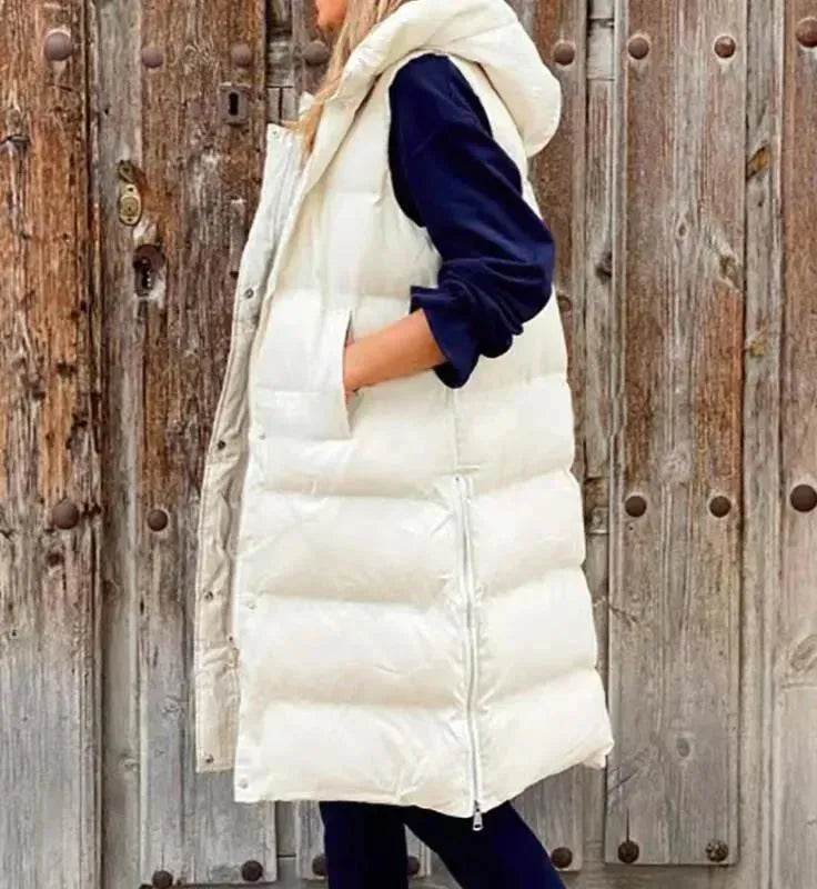 Pure Color Hooded Long Cotton Quilted Puffer Vest Casual - EX-STOCK Canada