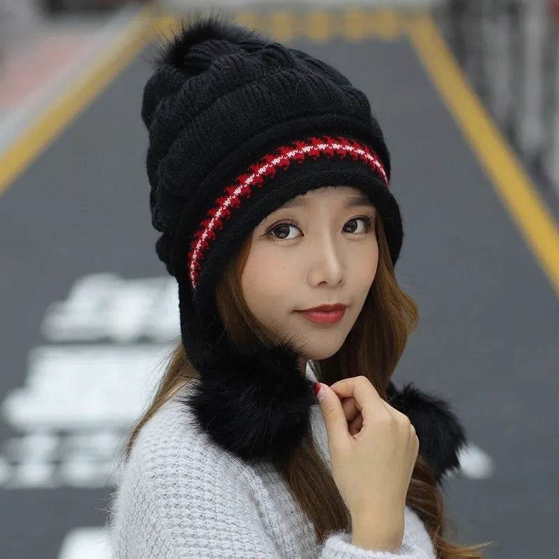 Women Cozy Knit Fleece-Feel Beanie With Ear Flaps Winter Hat Perfect For Skiing & Outdoor Activities - EX-STOCK Canada