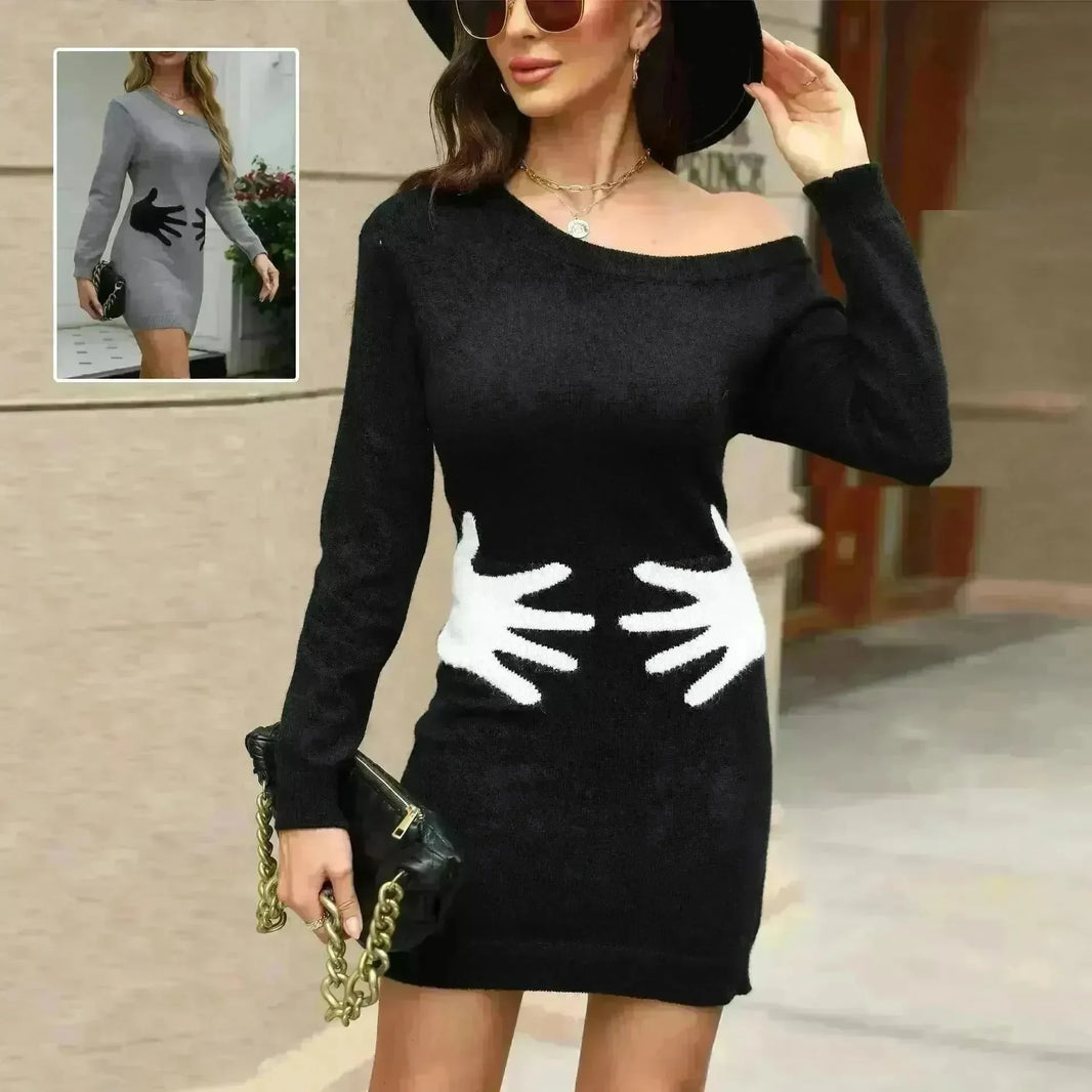 Ins Palm Print Design Winter Knit Dress Fashion Slant Shoulder Long Sleeve Bodycon Dress Women's Clothing - EX-STOCK Canada