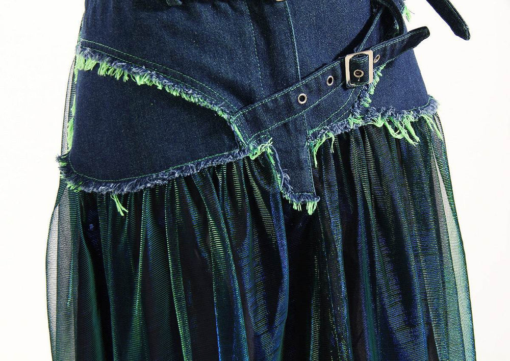 Street Fashion High Waist A-line Denim Mesh Midi Skirt - EX-STOCK Canada