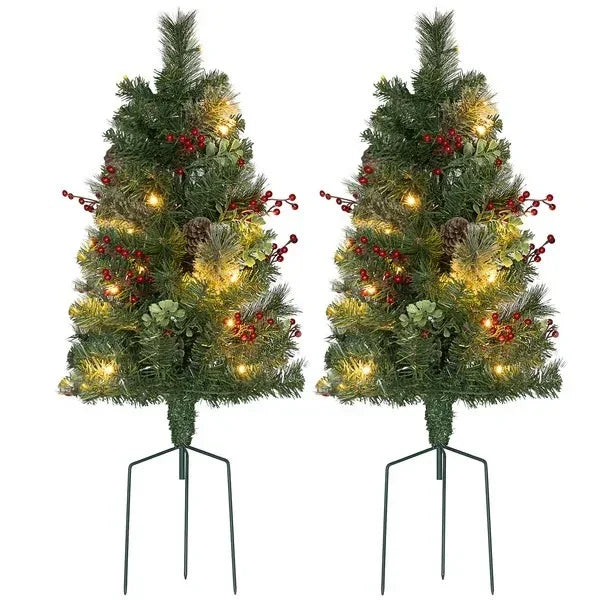 2ft 2 Pack Artificial Christmas Tree, Pre Lit Christmas Tree With Red Berries And Pine Cones, Battery Operated, Green EX-STOCK Canada