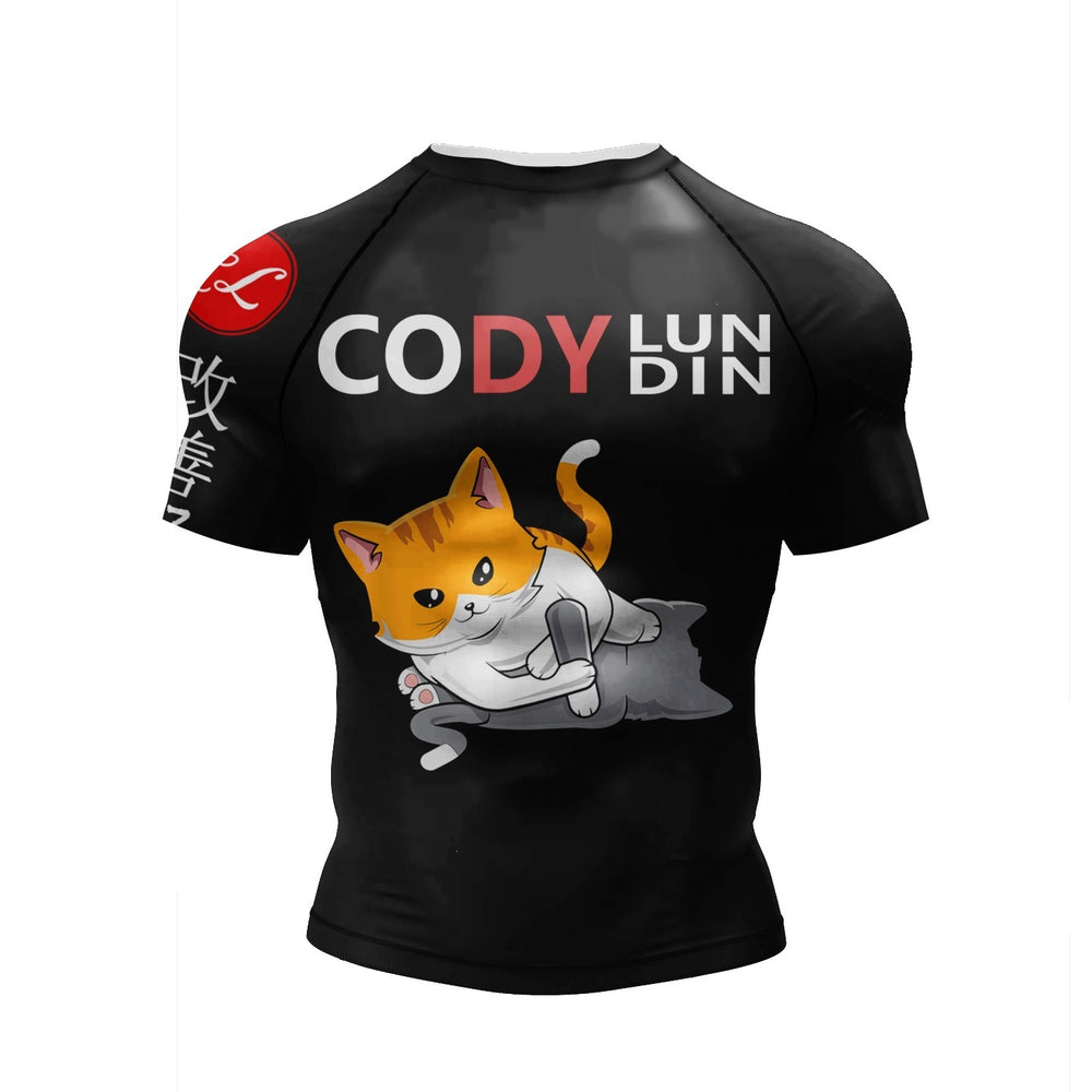 Black athletic shirt with a cat graphic and 'Cody Lundin' branding on a white background