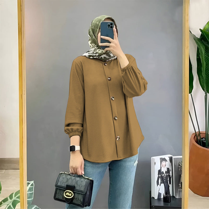 Muslim Ice Silk Wrinkle Stand-up Collar Literary Vintage Cardigan Loose Shirt Women - EX-STOCK Canada