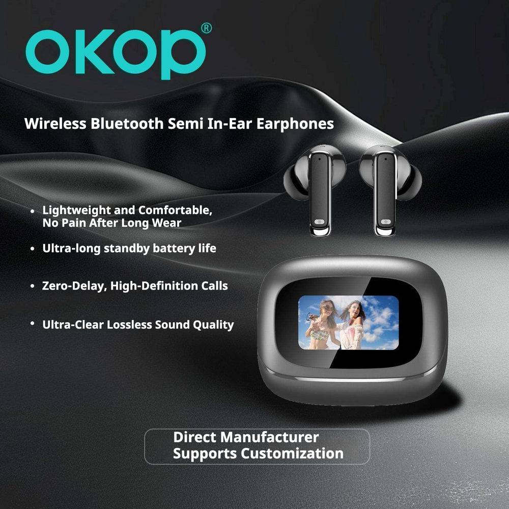 Promotional graphic for OKOP wireless Bluetooth semi-in-ear earphones, showing a pair of dark gray earbuds above a matching charging case with a small display screen, on a dark glossy background with marketing text.