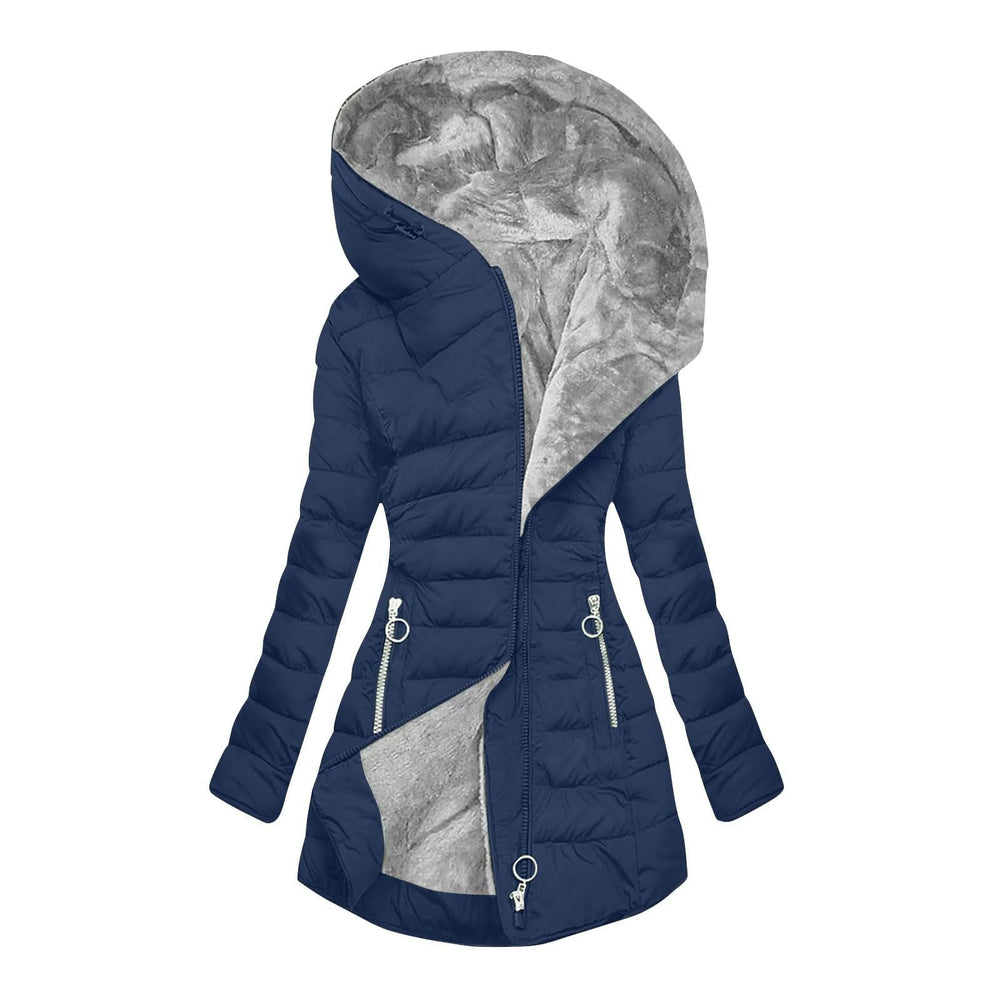 Navy blue puffer jacket with gray hood on a white background