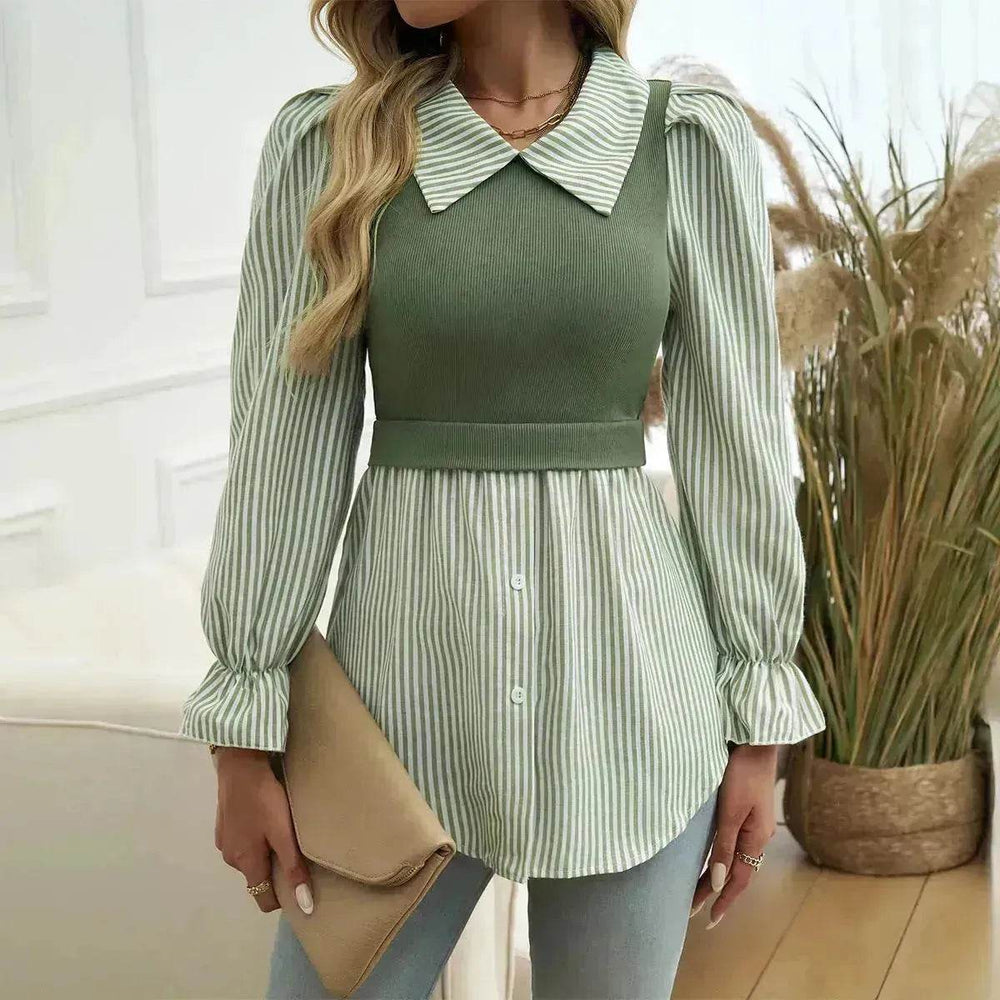 Women's Casual Contrast Color Stitching Long Sleeve Collar Ladies Evening Top - EX-STOCK Canada