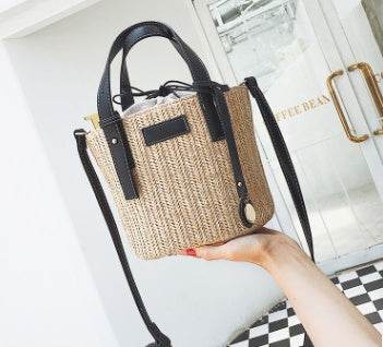 new summer women's bag hand-woven contrast color bucket straw bag cylinder handbag diagonal shoulder beach bag EX-STOCK Canada