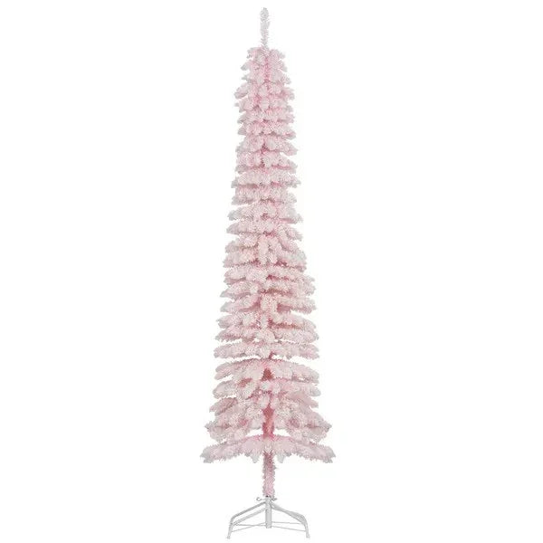 7ft Snow-Flocked Artificial Christmas Tree, Slim Pencil Xmas Tree With 490 Realistic Branches, Metal Base EX-STOCK Canada