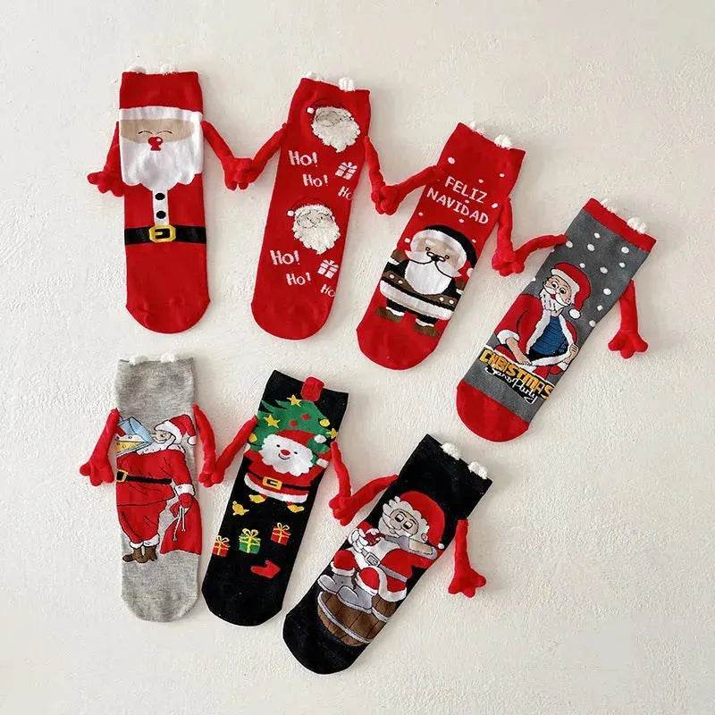 Christmas Magnetic Socks Cute Elk Santa Claus Snowman Hand-holding Socks For Couple - EX-STOCK Canada
