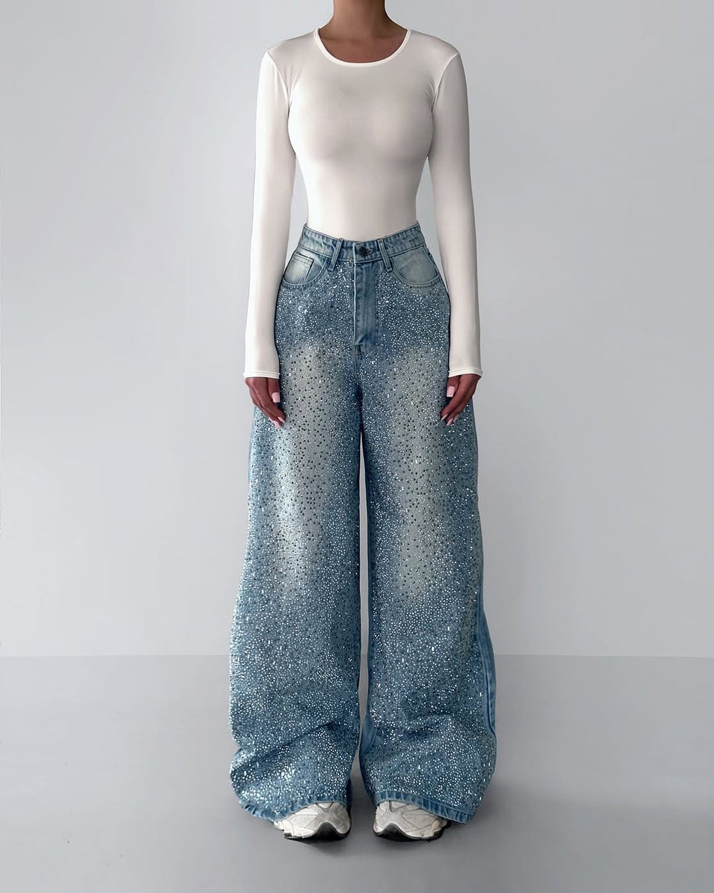 Women's Rhinestone Wide-Leg Jeans – Crystal Embellished Denim, High Waist | Sizes XS–XL