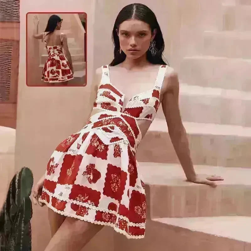 Women's Flower Print Lace Sling Dress Fashion V-neck Waist-baring Skirt Summer Clothing - EX-STOCK CANADA