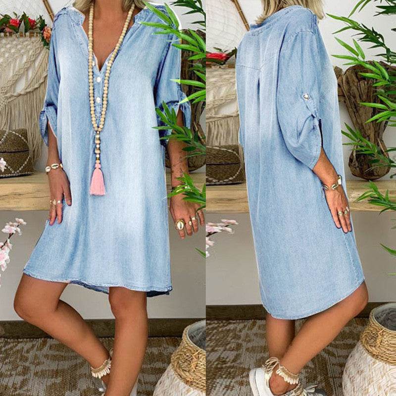 Casual Half Button Mid-sleeve loose Washed denim dress - EX-STOCK Canada