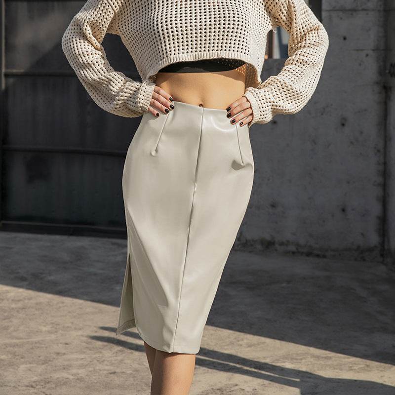 Russian Leather Midi Skirt PU Outer Belt Lining Side Zipper Back Zipper Design Sheath Women's Summer Side Slit Skirt - EX-STOCK Canada