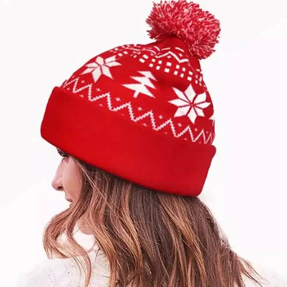 Jacquard Christmas Fluffy Ball Cap Thermal Head Cover Knitted Hat - EX-STOCK Canada